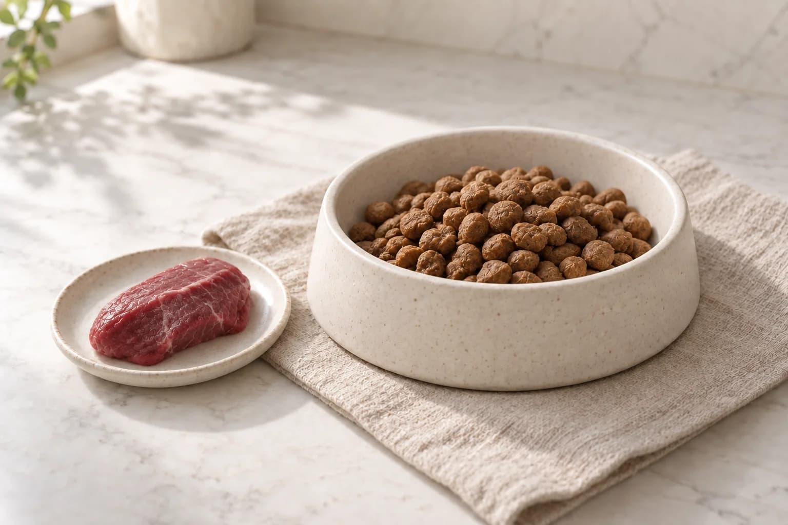 Illustration of beef beside a dog-food bowl