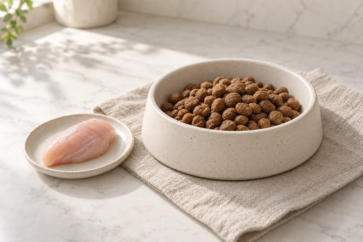 Illustration of chicken beside a dog-food bowl