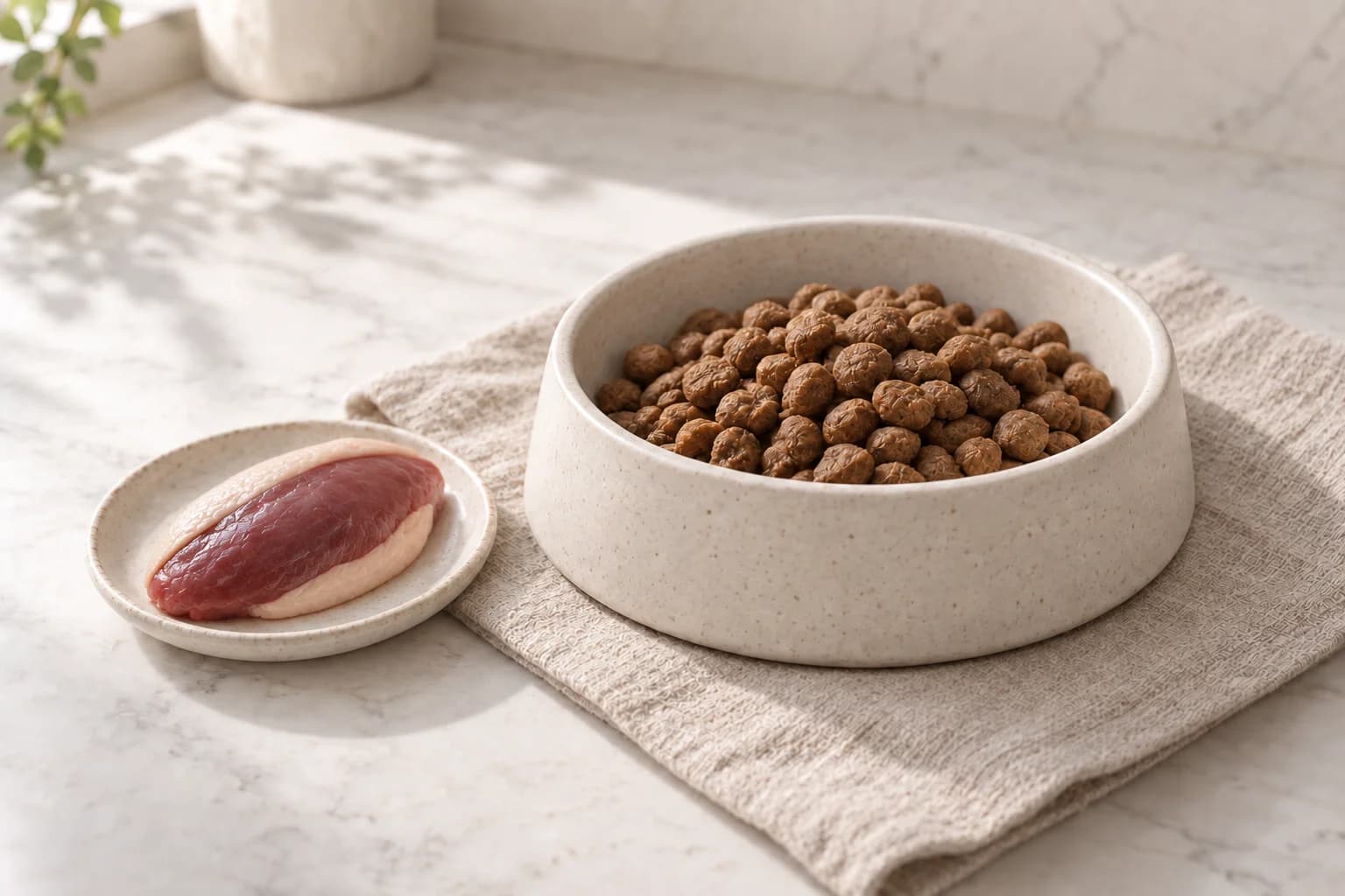 Illustration of duck beside a dog-food bowl