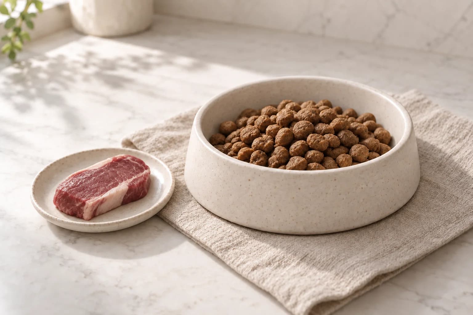 Illustration of lamb beside a dog-food bowl