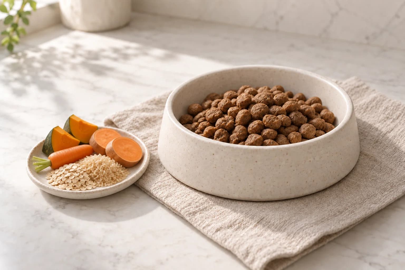 Illustration of grains and vegetables beside a dog-food bowl