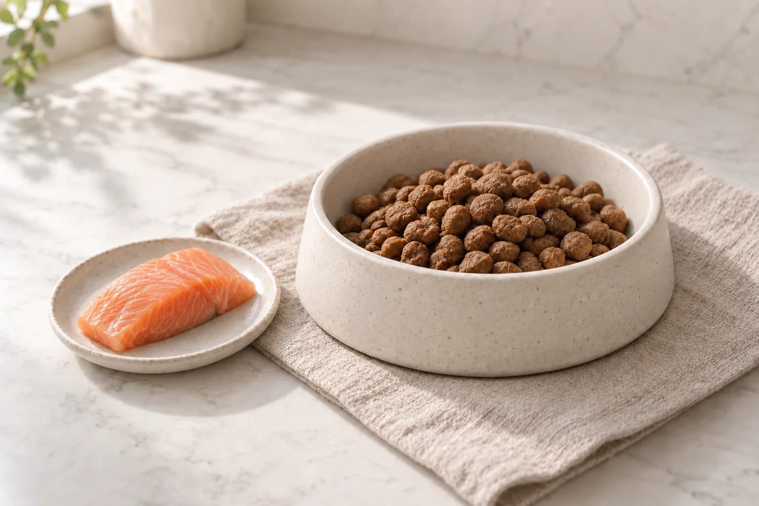 Illustration of salmon beside a dog-food bowl