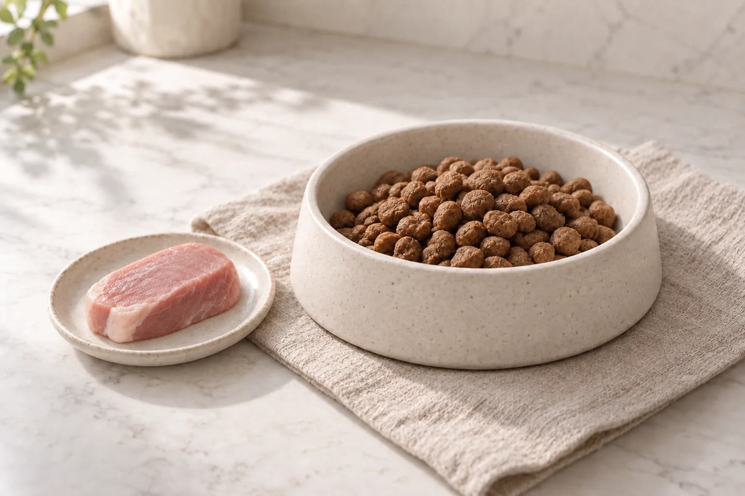Illustration of pork beside a dog-food bowl