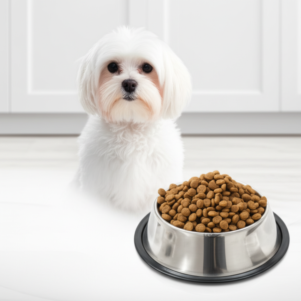 A beautiful white maltese dog sitting beside a premium stainless steel food bowl filled with high-quality kibble, clean white kitchen background, eye-level shot