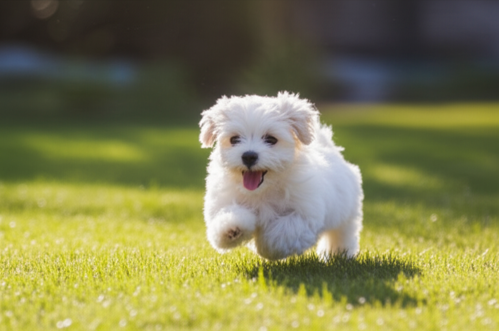 A happy maltese puppy running in a sunny garden with green grass, dynamic action shot, shallow depth of field