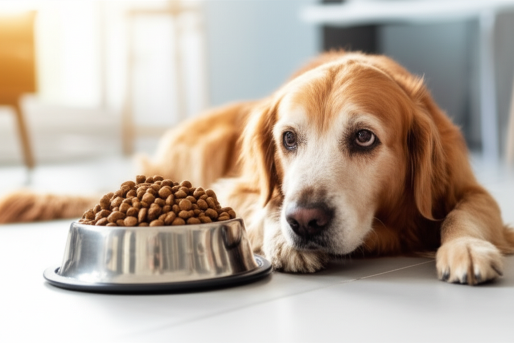 A gentle senior golden retriever with a graying muzzle lying beside a premium stainless steel food bowl filled with high-quality kibble, warm natural lighting, clean bright living room background, eye-level shot