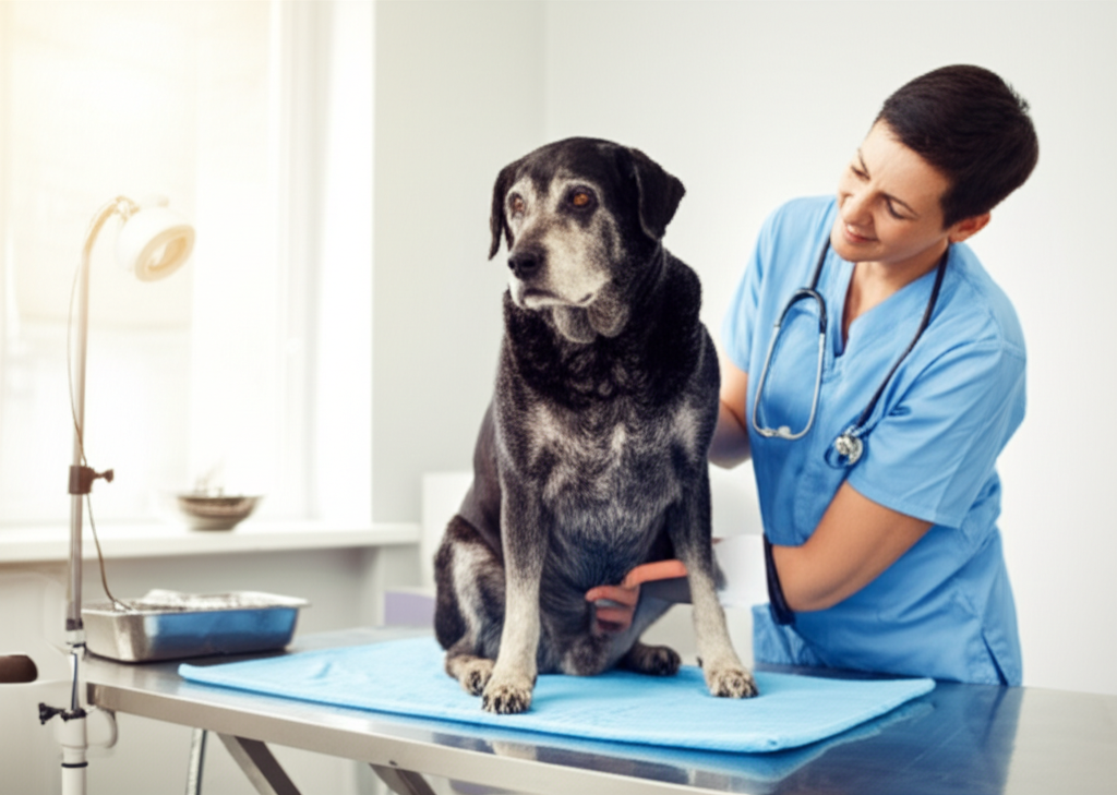 A senior dog being examined by a veterinarian in a bright clean clinic, gentle caring atmosphere, soft natural lighting